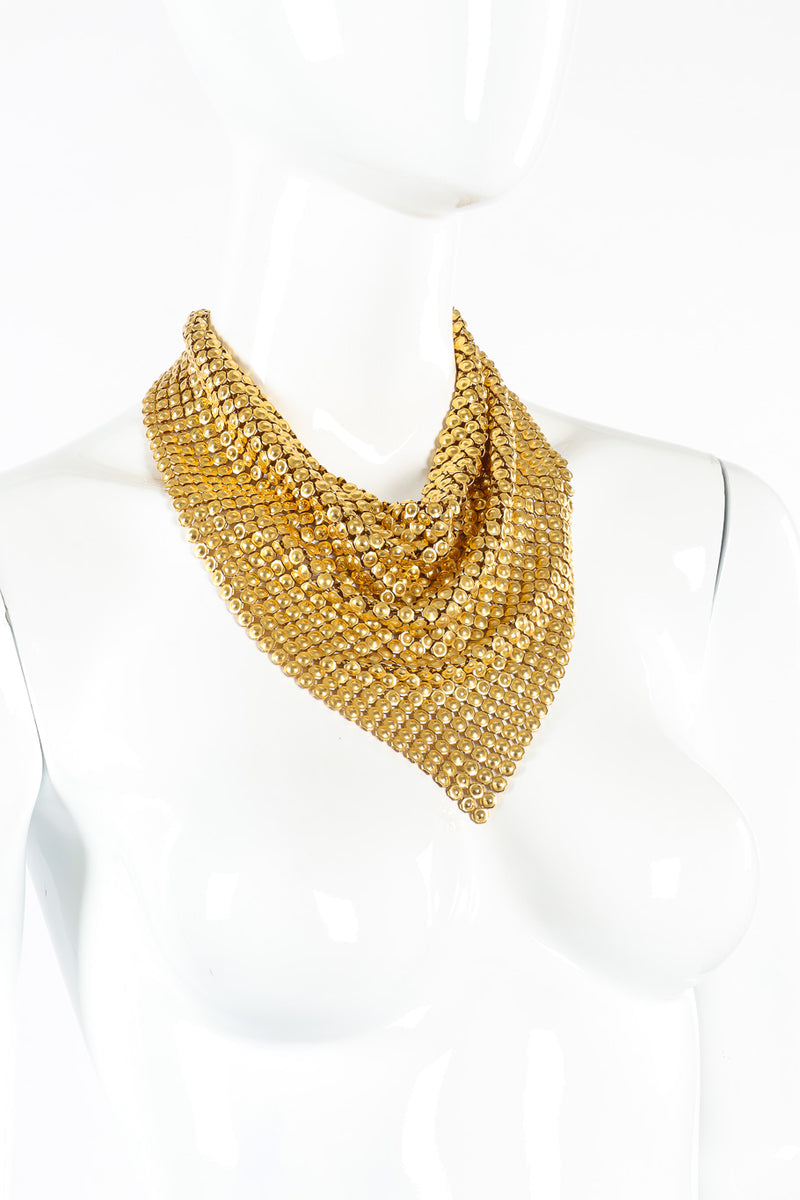 Gold tone mesh bib necklace on mannequin close @recessla