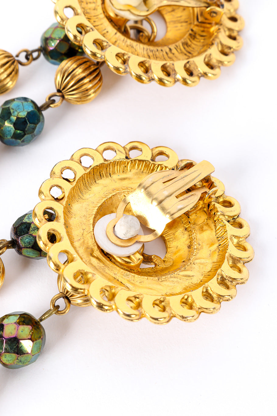 Vintage Claire Deve Byzantine Charm Drop Earrings clip on closeup @Recessla
