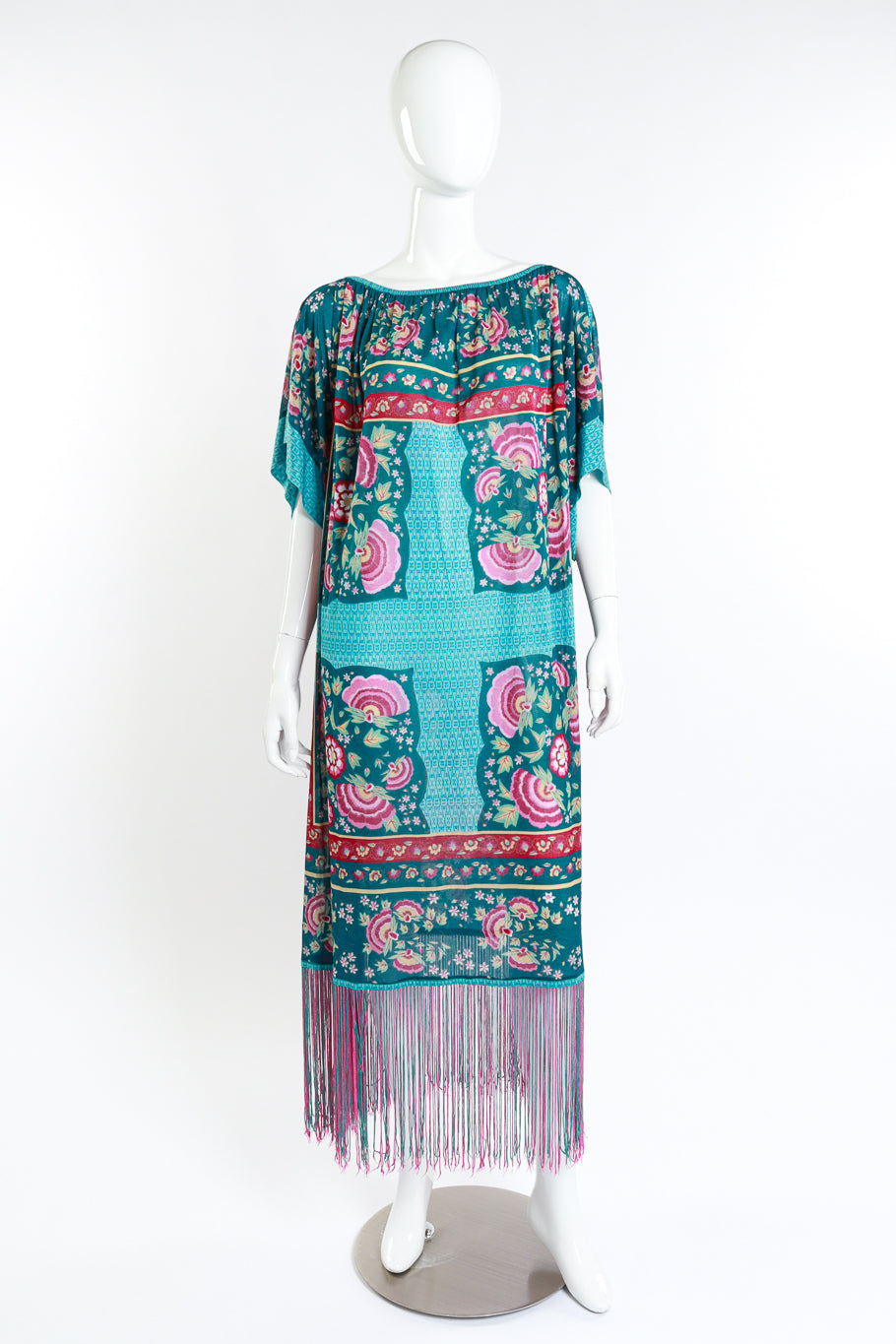 Vintage Gottex Floral Fringe Hem Dress front unbelted on mannequin @recess la