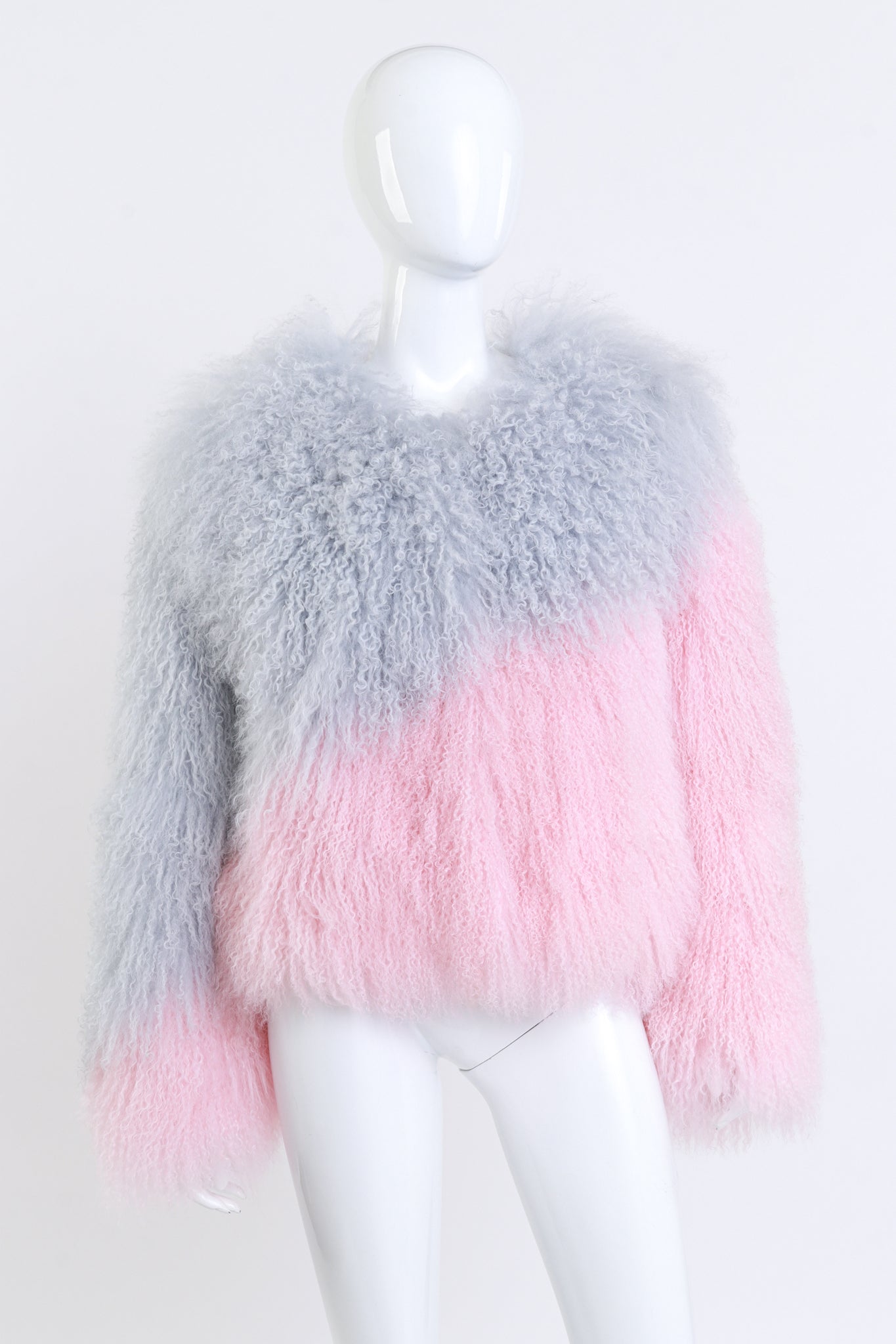 Two-Tone Mongolian Fur Jacket front on mannequin @recess la