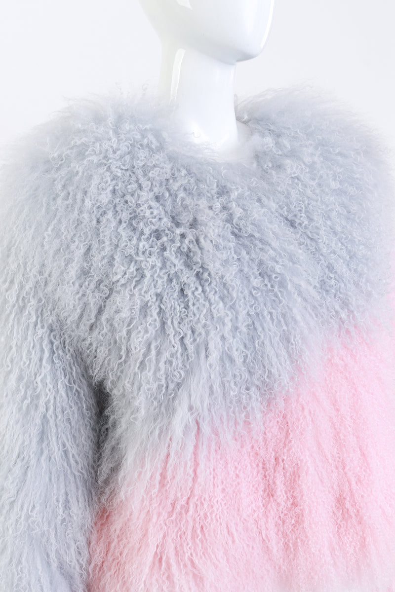 Two-Tone Mongolian Fur Jacket front on mannequin closeup @recess la