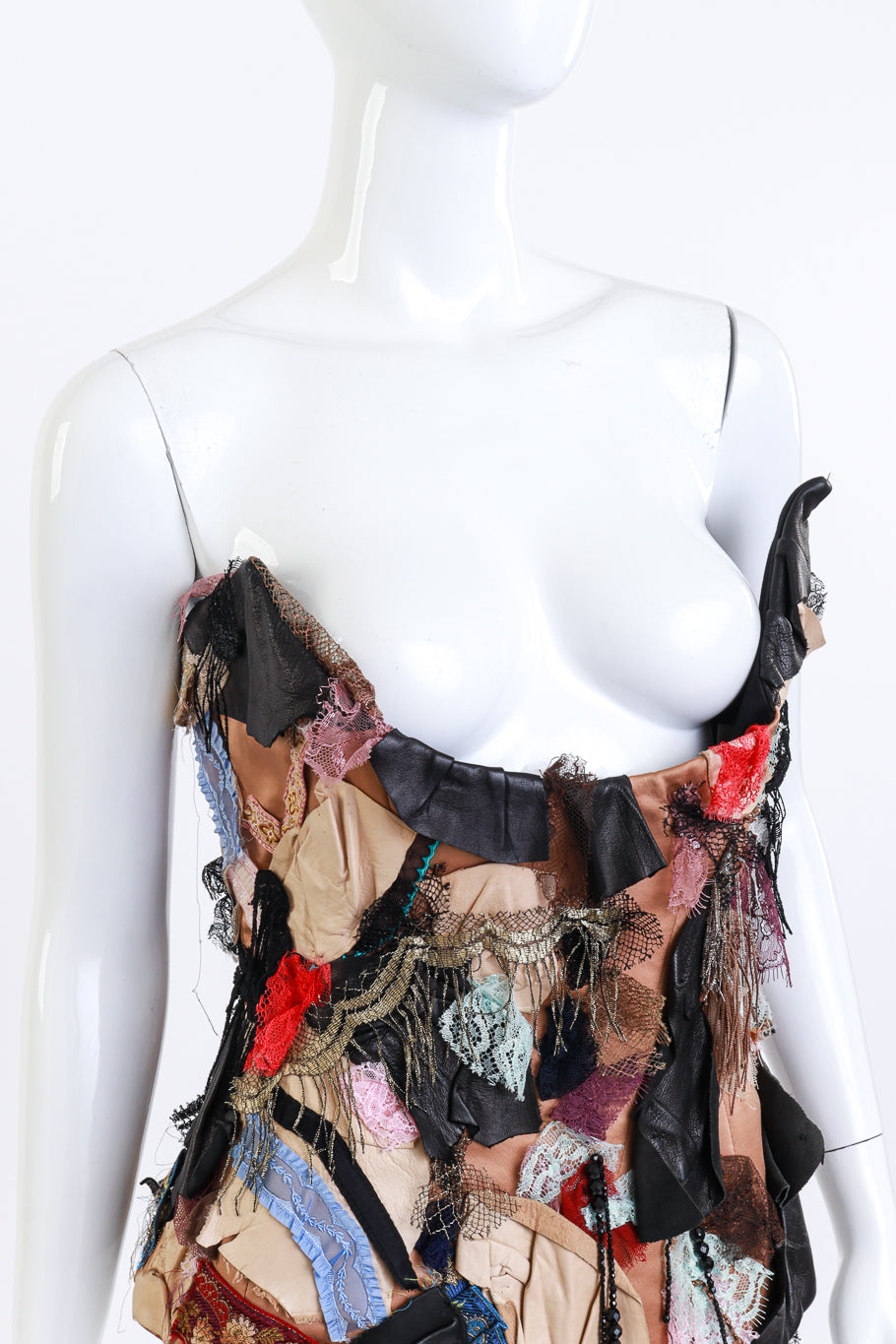 Lace & Leather Patchwork Underbust Corset by Guy Laroche on mannequin close @recess LA