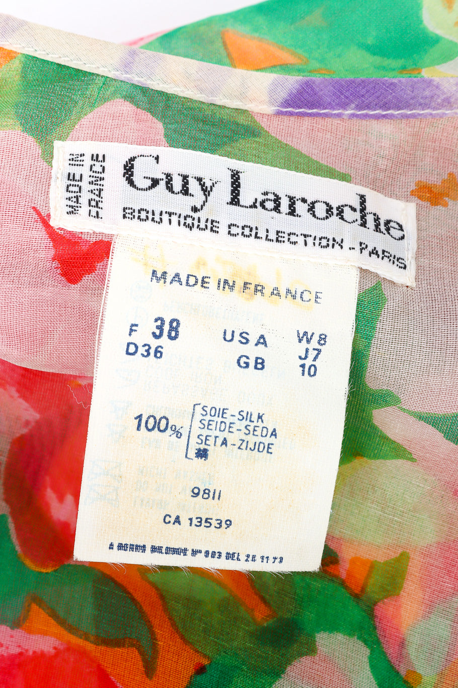 Vintage Guy Laroche Silk Floral Ruffle Dress label closeup @Recessla