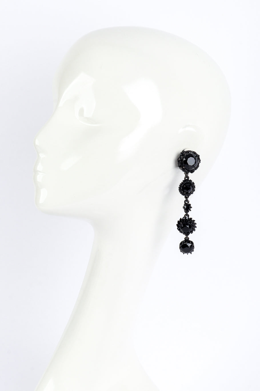 Vintage Oscar de la Renta Black Enamel & Crystal Drop Earrings on mannequin @recess la