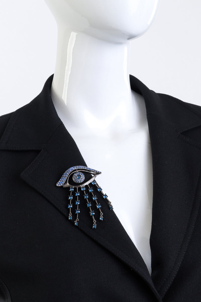 Vintage Oscar de la Renta Blue Rhinestone Bursting Eye Brooch on mannequin @recess la