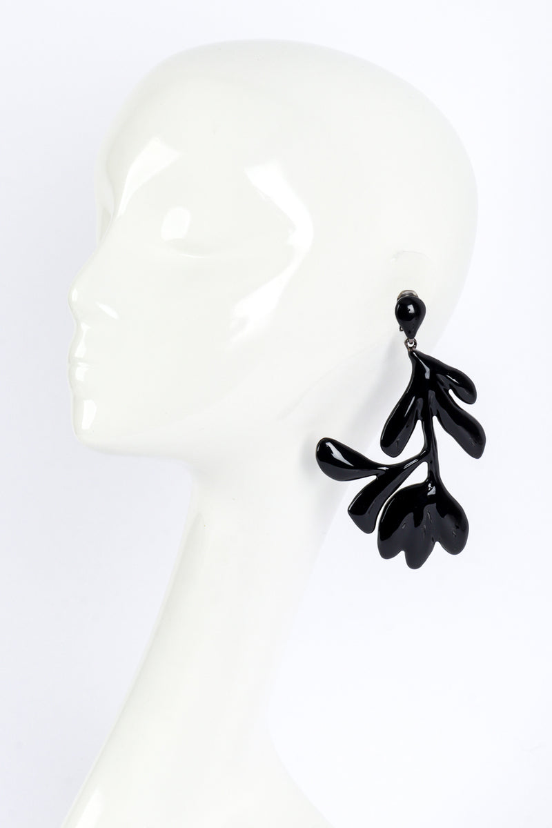 Vintage Oscar de la Renta Black Enamel Tulip Drop Earrings on mannequin @recess la