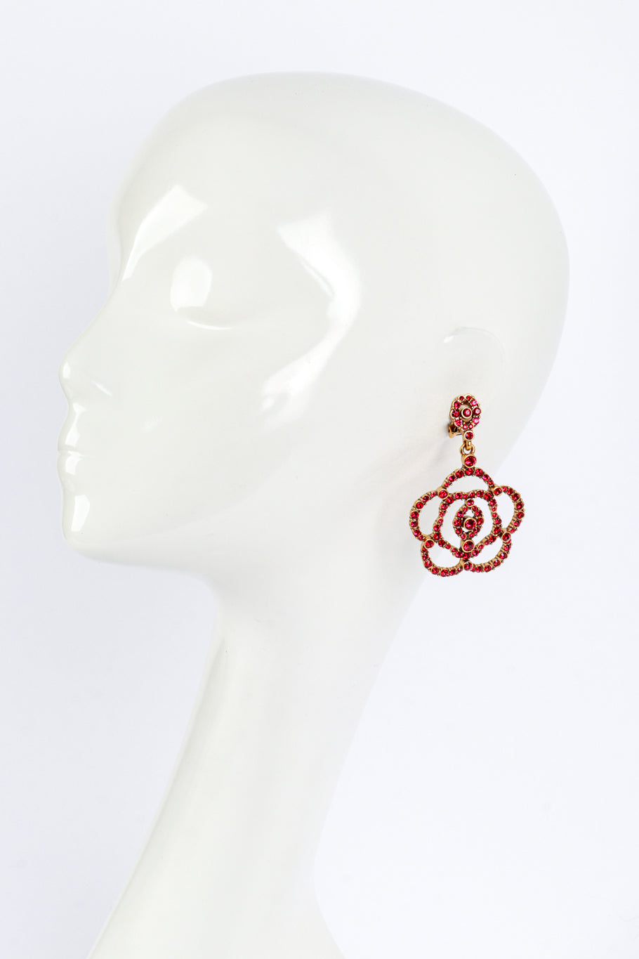 Vintage Oscar de la Renta Ruby Rhinestone Camellia Drop Earrings on mannequin @recess la