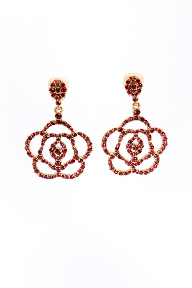 Vintage Oscar de la Renta Ruby Rhinestone Camellia Drop Earrings front @recess la