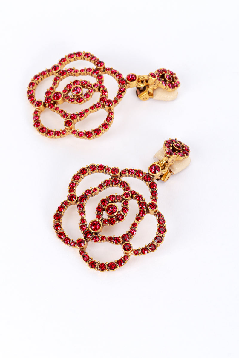 Vintage Oscar de la Renta Ruby Rhinestone Camellia Drop Earrings detail @recess la