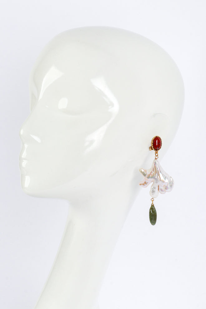 Vintage Oscar de la Renta Abstract Pearl & Stone Drop Earrings on mannequin @recess la