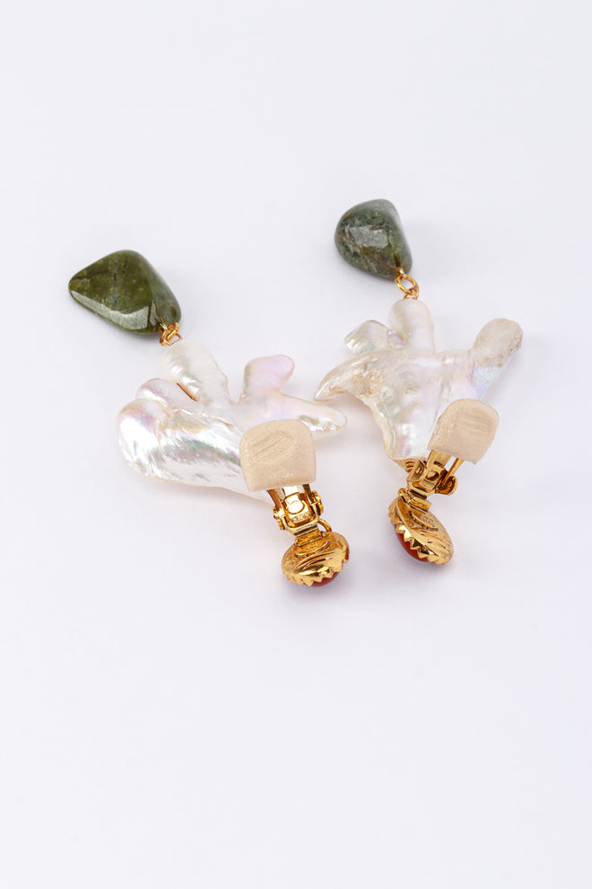 Vintage Oscar de la Renta Abstract Pearl & Stone Drop Earrings back clips open @recess la