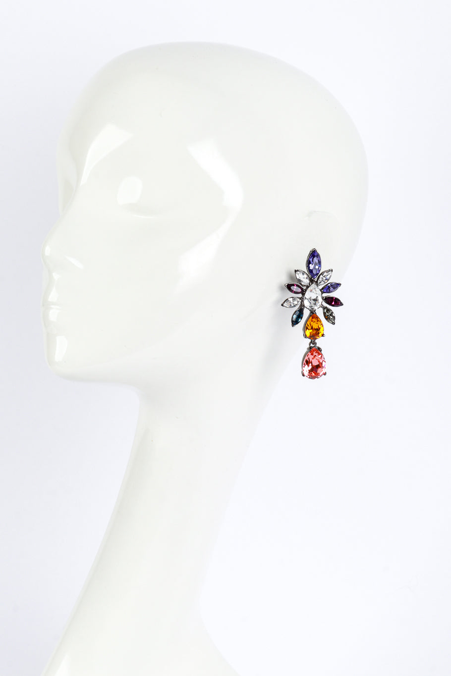 Vintage Oscar de la Renta Multicolored Crystal Cluster Drop Earrings on mannequin @recess la