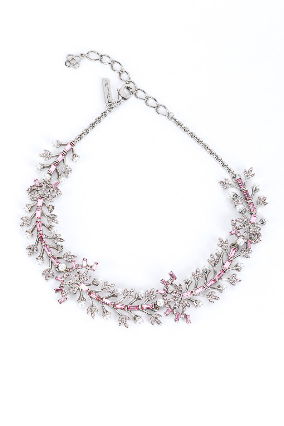 Vintage Oscar de la Renta Crystal & Pearl Floral Collar Necklace front @recess la