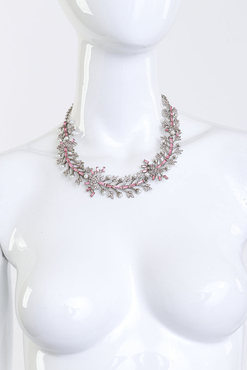 Vintage Oscar de la Renta Crystal & Pearl Floral Collar Necklace on mannequin @recess la