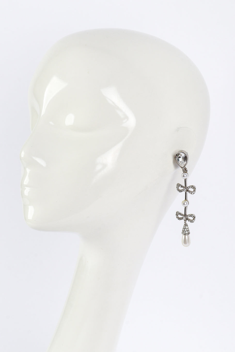 Vintage Oscar de la Renta Crystal & Pearl Bow Drop Earrings on mannequin @recess la