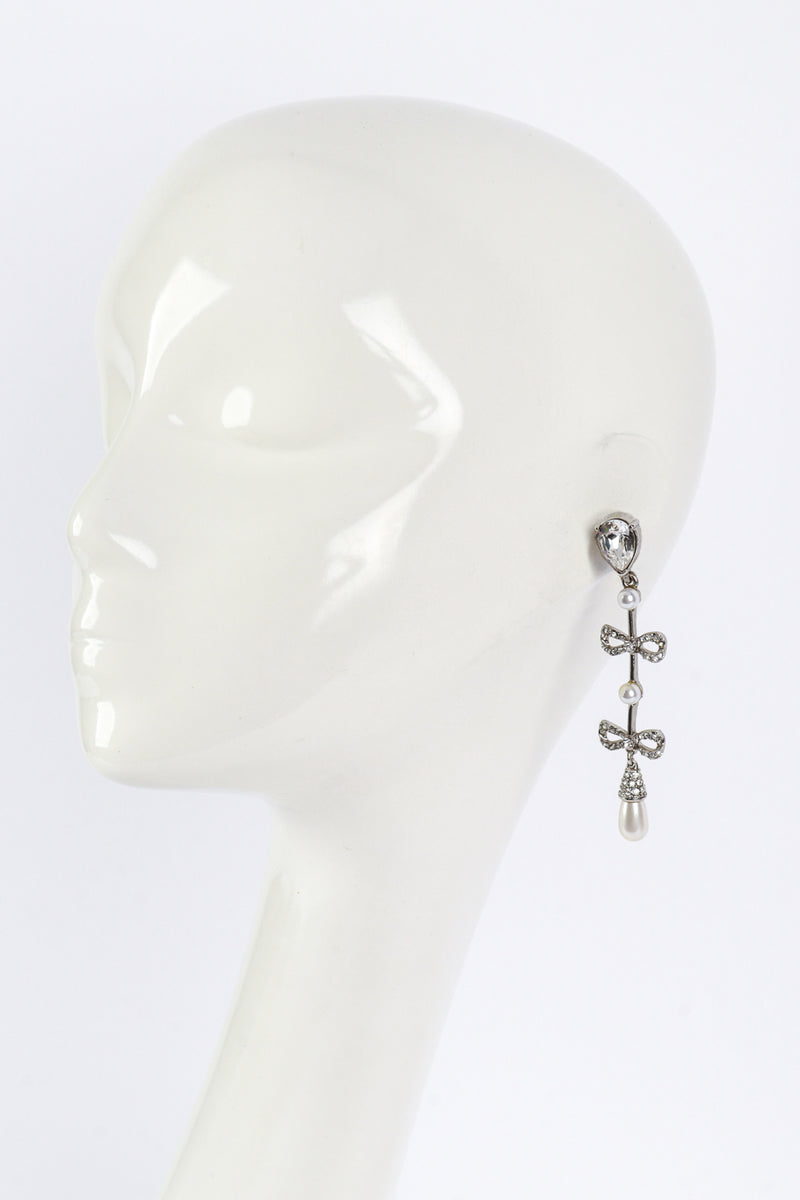 Vintage Oscar de la Renta Crystal & Pearl Bow Drop Earrings on mannequin @recess la