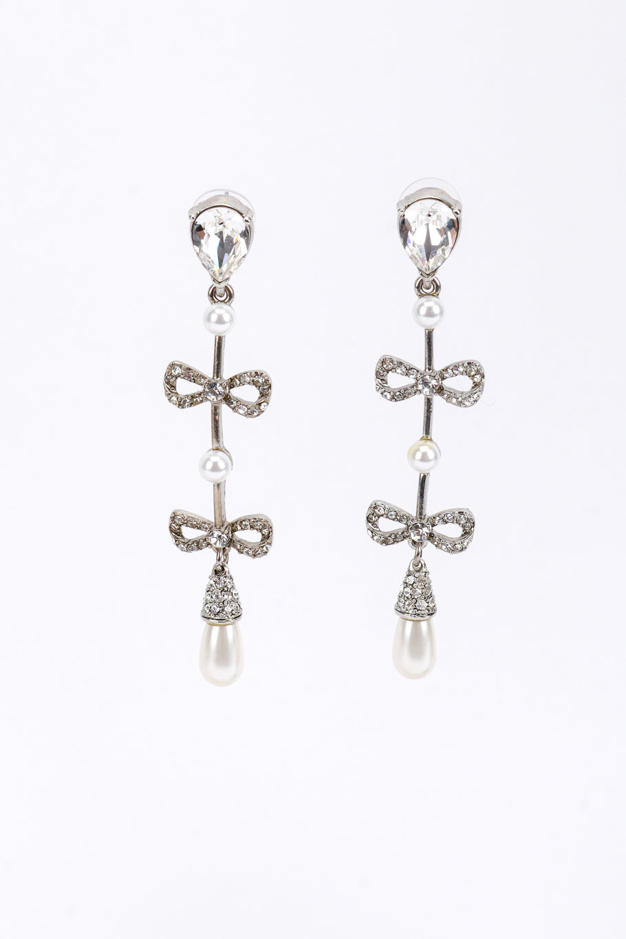 Vintage Oscar de la Renta Crystal & Pearl Bow Drop Earrings front @recess la