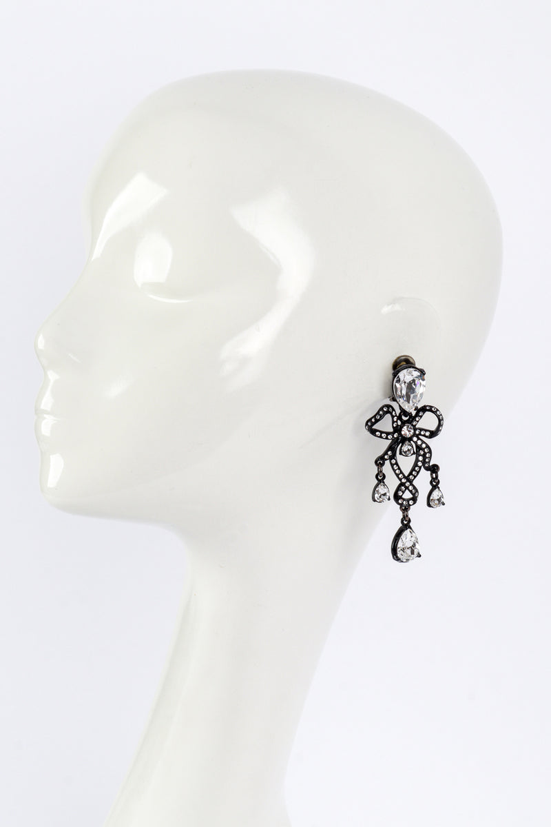 Vintage Oscar de la Renta Crystal Bow Ribbon Drop Earrings on mannequin @recess la