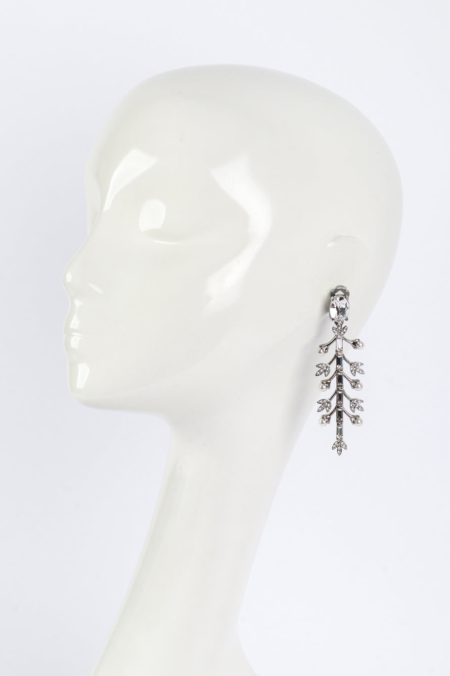 Vintage Oscar de la Renta Crystal & Pearl Silver Floral Drop Earrings on mannequin @recess la