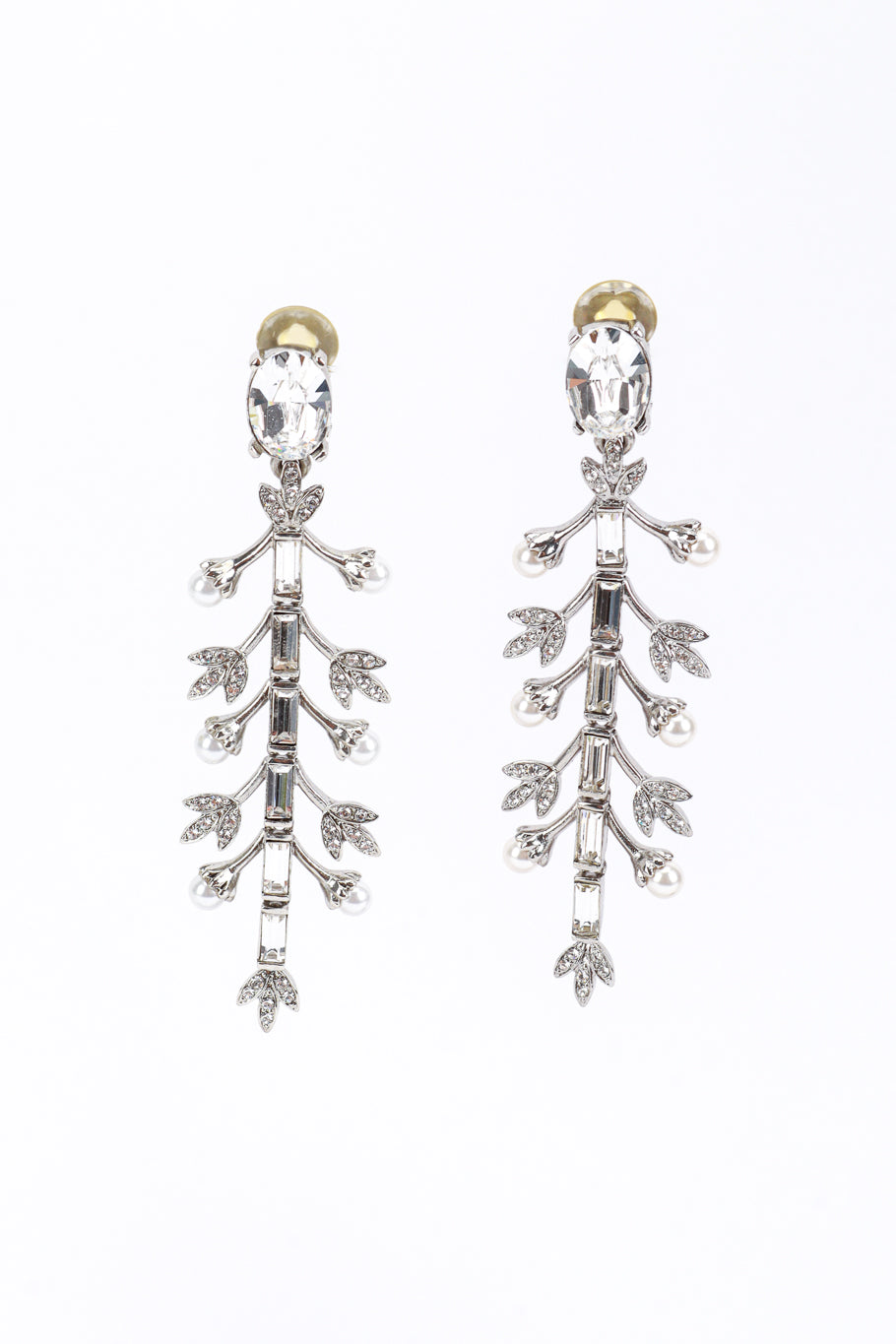 Vintage Oscar de la Renta Crystal & Pearl Silver Floral Drop Earrings front @recess la