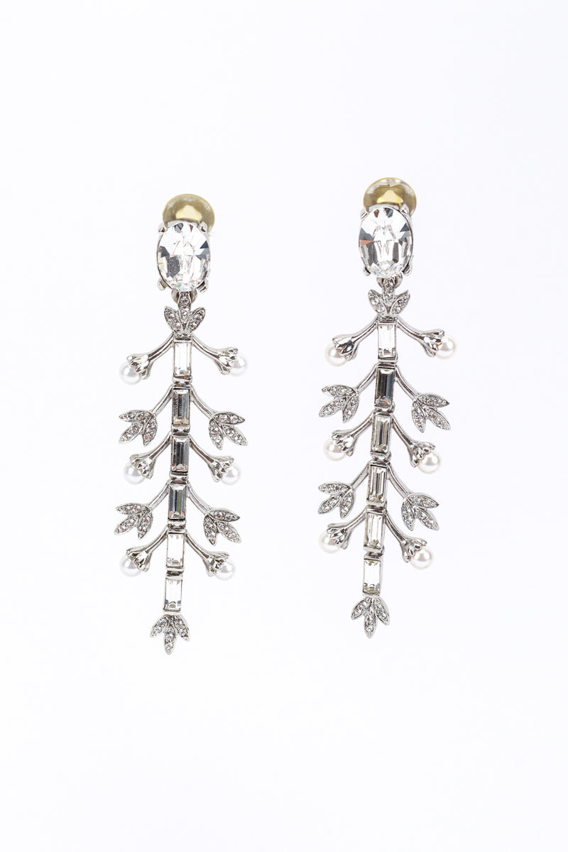 Vintage Oscar de la Renta Crystal & Pearl Silver Floral Drop Earrings front @recess la