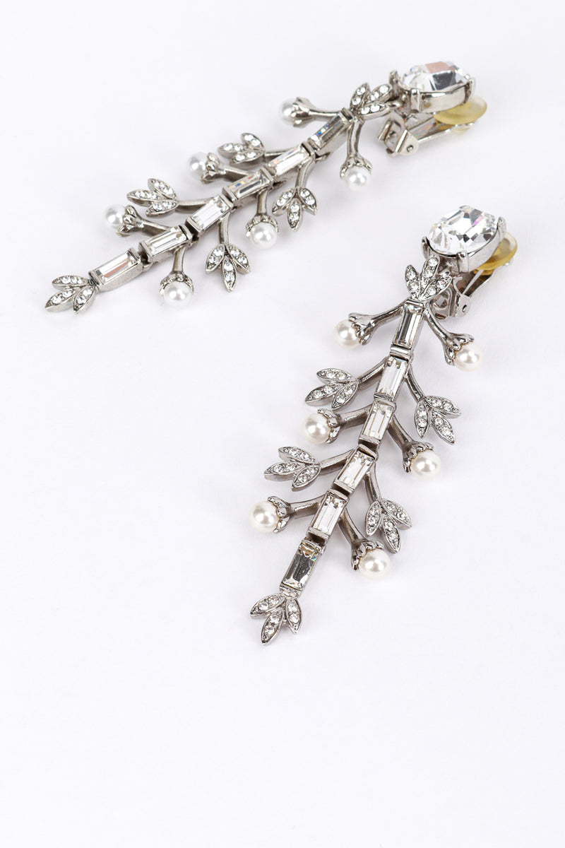 Vintage Oscar de la Renta Crystal & Pearl Silver Floral Drop Earrings detail @recess la