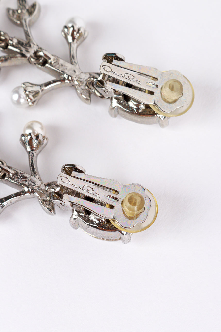 Vintage Oscar de la Renta Crystal & Pearl Silver Floral Drop Earrings signature @recess la