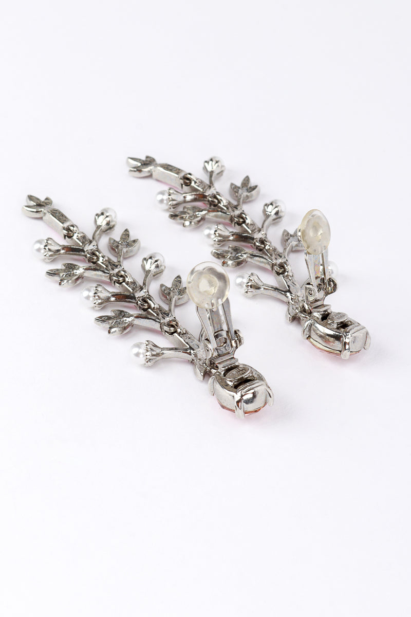 Vintage Oscar de la Renta Crystal & Pearl Floral Drop Earrings back clips open @recess la