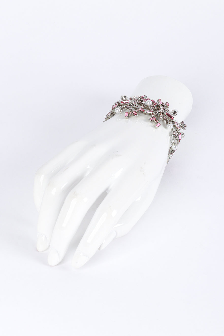 Vintage Oscar de la Renta Crystal & Pearl Floral Bracelet on mannequin hand @recess la