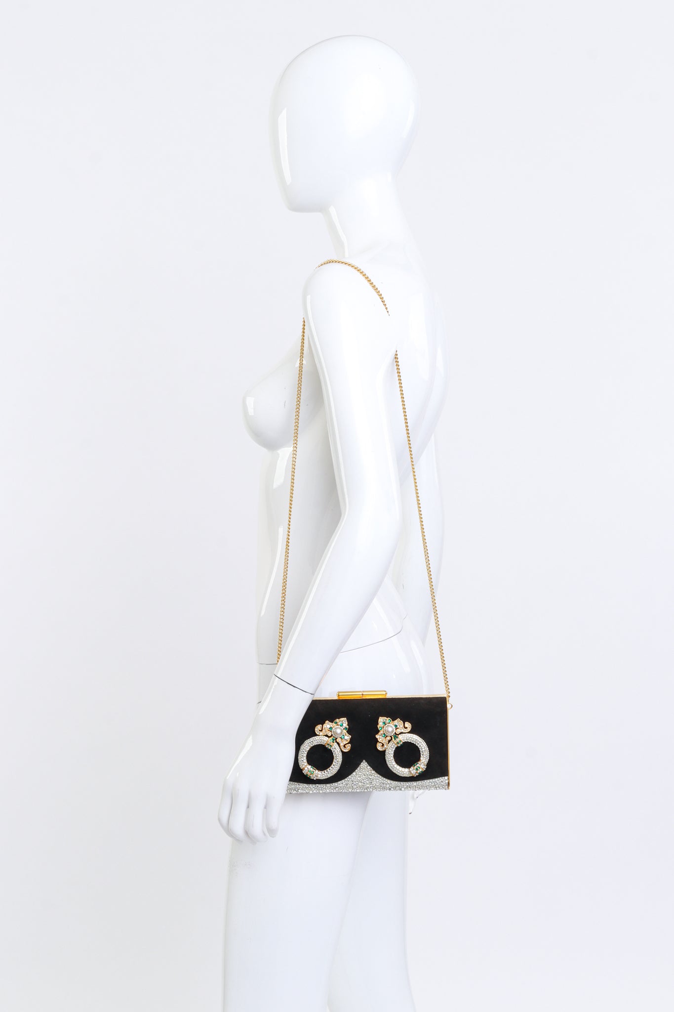 Vintage Henryks Bijoux Jeweled Suede Frame Clutch on mannequin @recess la