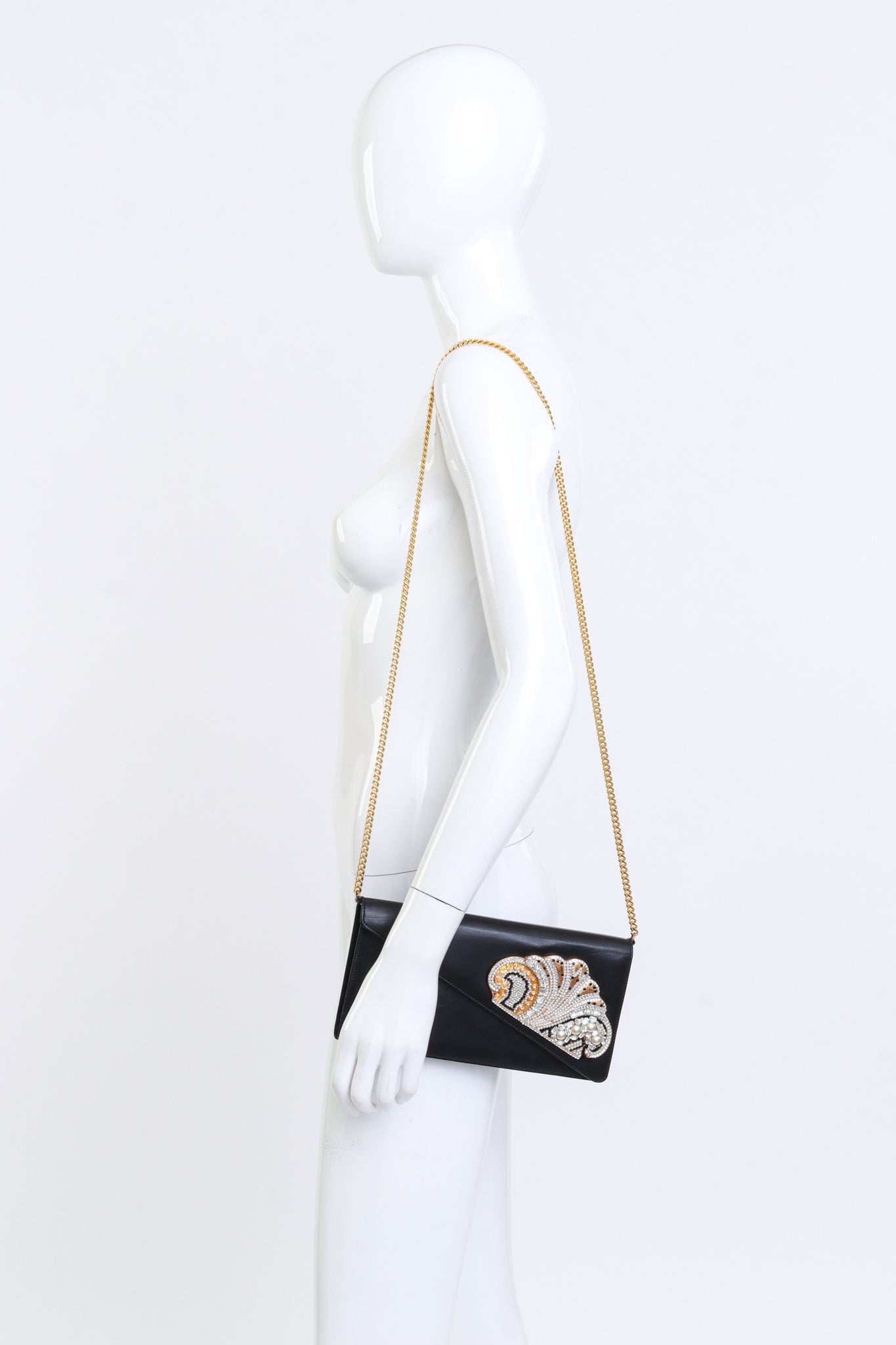 Vintage Henryks Bijoux Jewel Appliqué Leather Envelope Clutch on mannequin @recess la