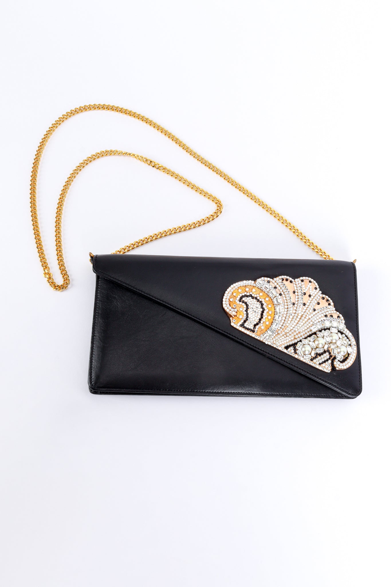 Vintage Henryks Bijoux Jewel Appliqué Leather Envelope Clutch front @recess la