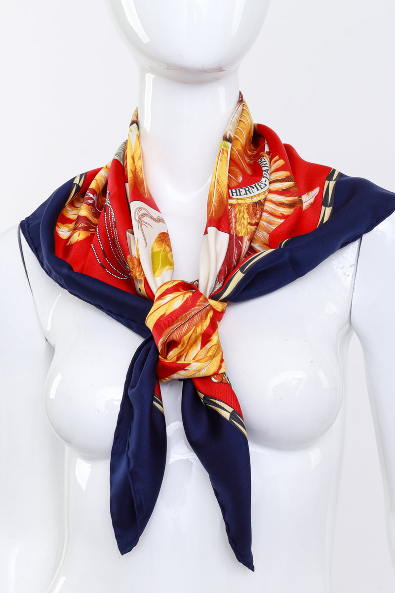 Vintage Hermés Brazil Feather Print Scarf tied on mannequin @recess la