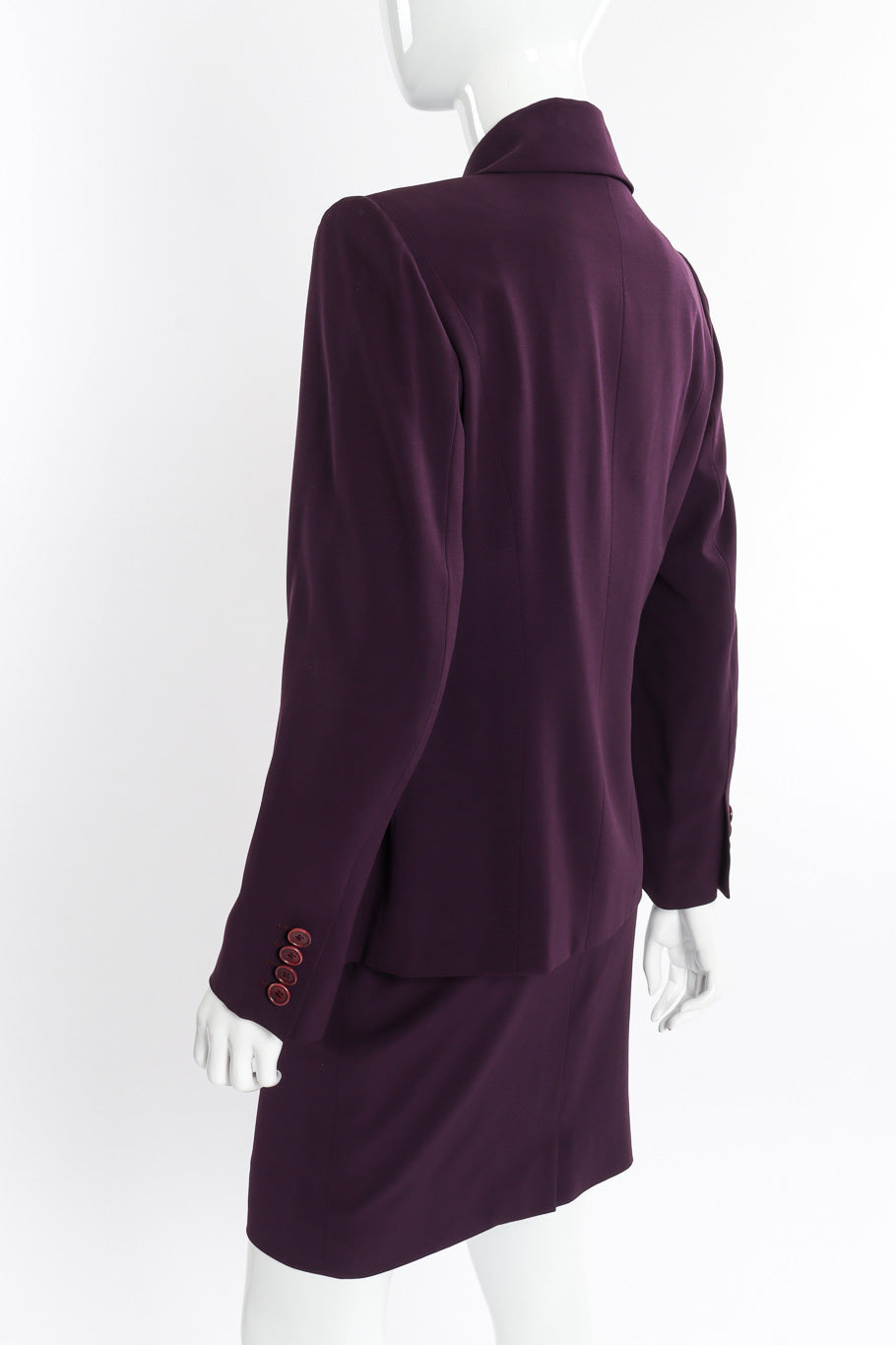 Vintage Hermés Asymmetrical Blazer and Skirt Set 3/4 back view on mannequin @recessla