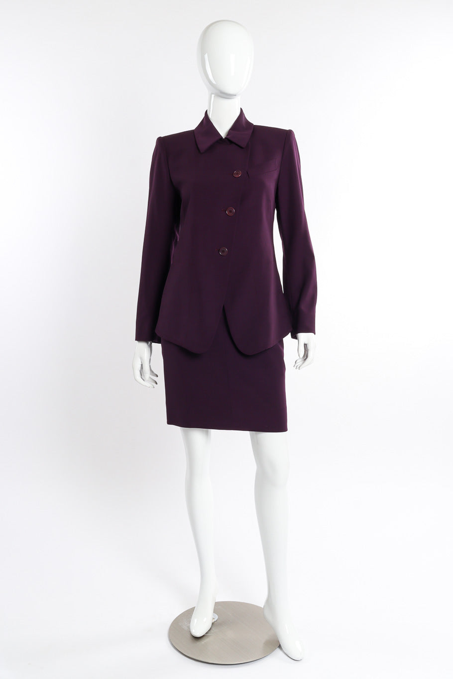 Vintage Hermés Asymmetrical Blazer and Skirt Set front view on mannequin@recessla