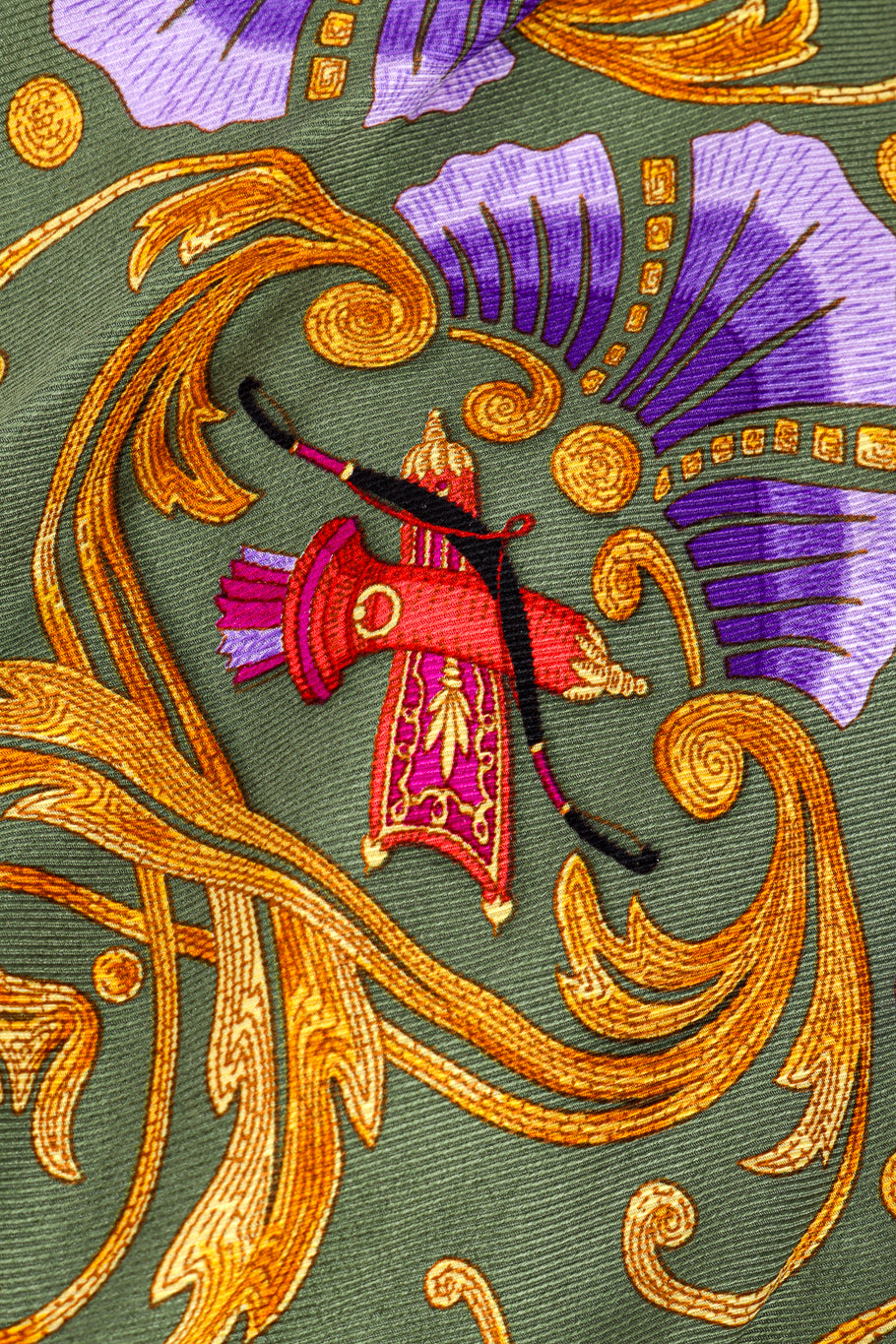 Vintage Hermes Archery Hooded Blouse and Pleated Skirt Set fabric print closeup @recessla