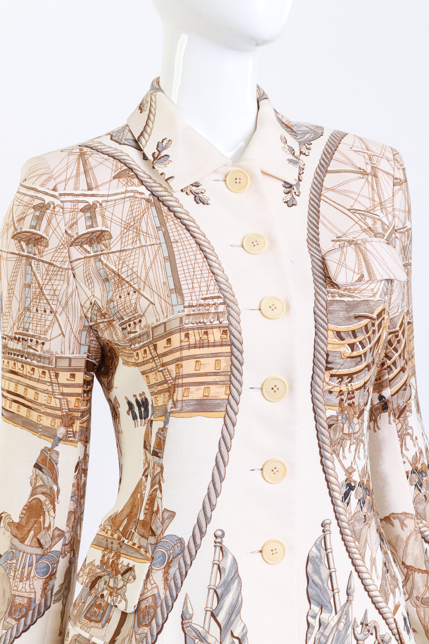 Vintage Hermés Marine et Cavalerie Printed Blazer front on mannequin closeup @recess la