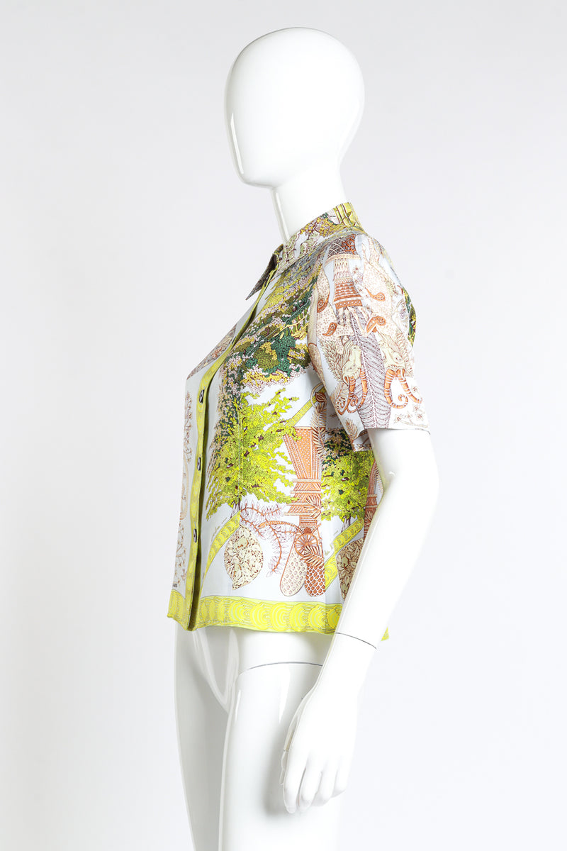 Vintage Hermés Legendes Tree Silk Button Down side on mannequin @recess la