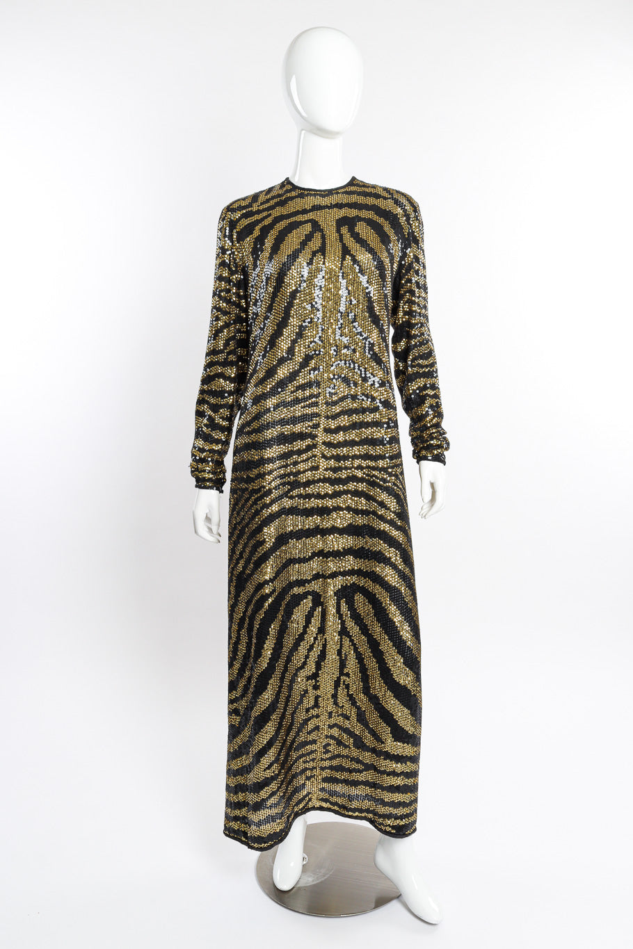 Vintage Halston Tiger Sequin Sheath Gown front on mannequin @recessla