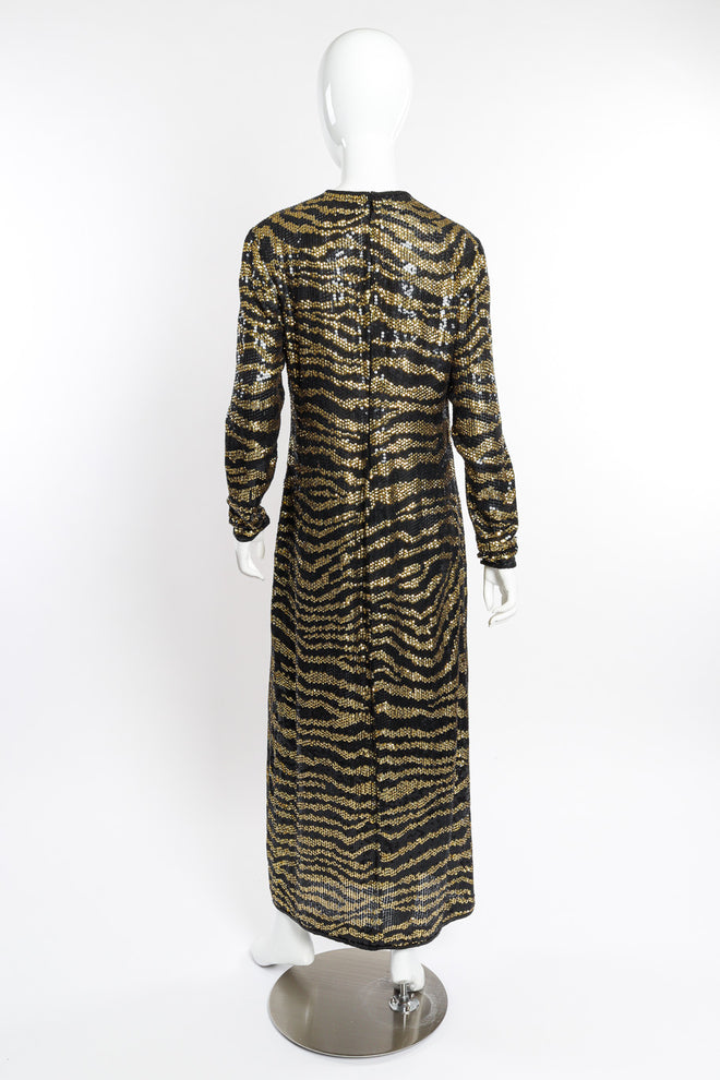 Vintage Halston Tiger Sequin Sheath Gown back on mannequin @recessla