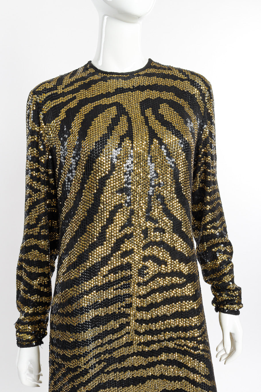 Vintage Halston Tiger Sequin Sheath Gown front on mannequin closeup @recessla