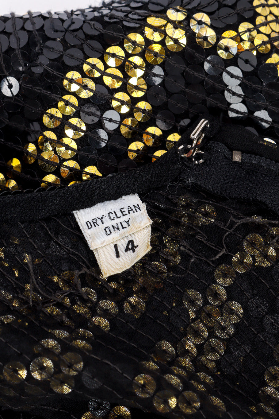 Vintage Halston Tiger Sequin Sheath Gown size tag closeup @recessla