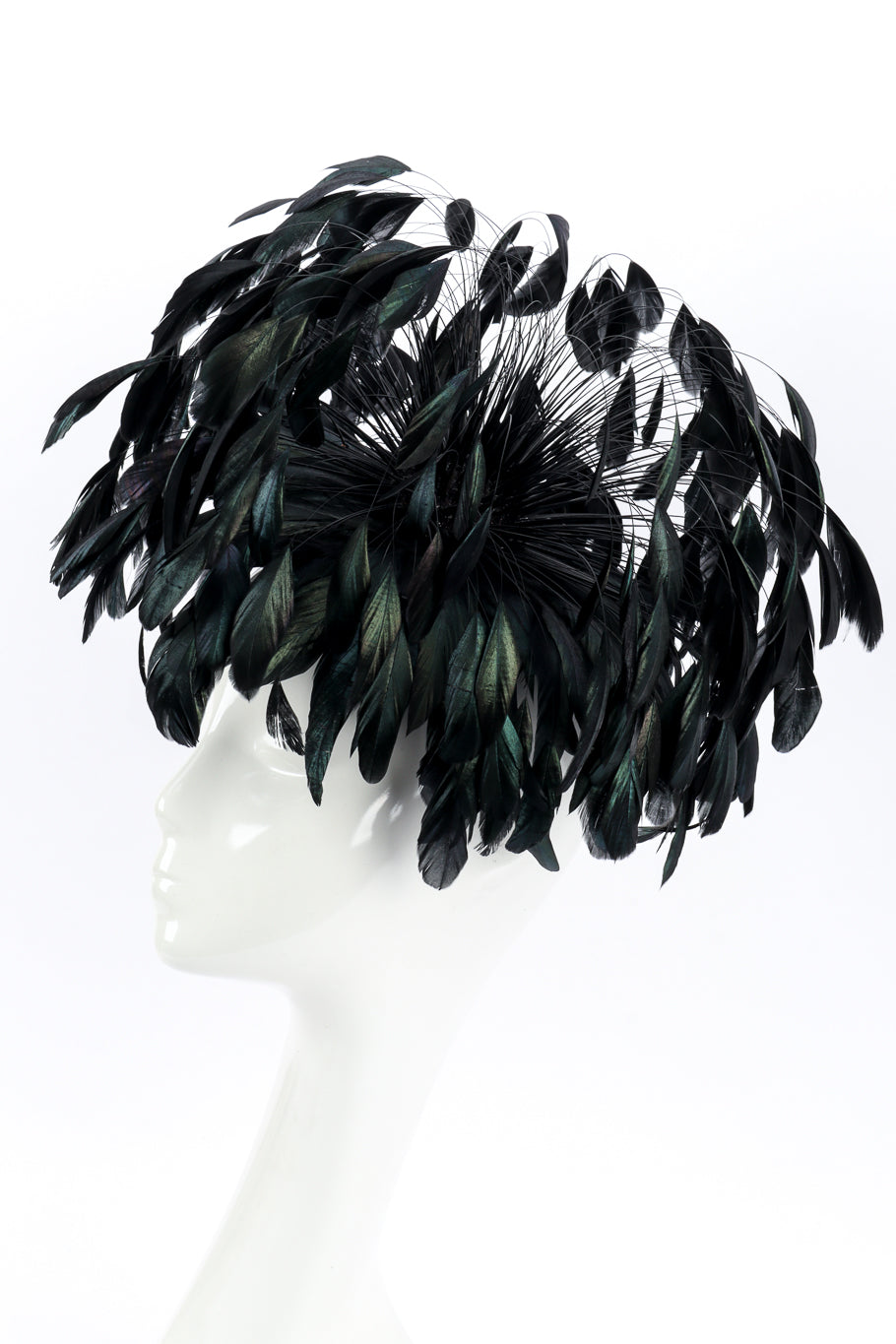 Raven Feather Fascinator Hat by Winkelman's on mannequin head side @recessla