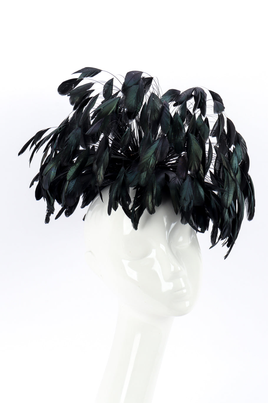 Raven Feather Fascinator Hat by Winkelman's on mannequin head right side angled @recessla
