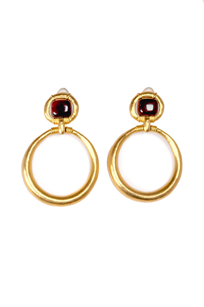 Vintage Square Stone Hoop Drop Earrings front @recess la