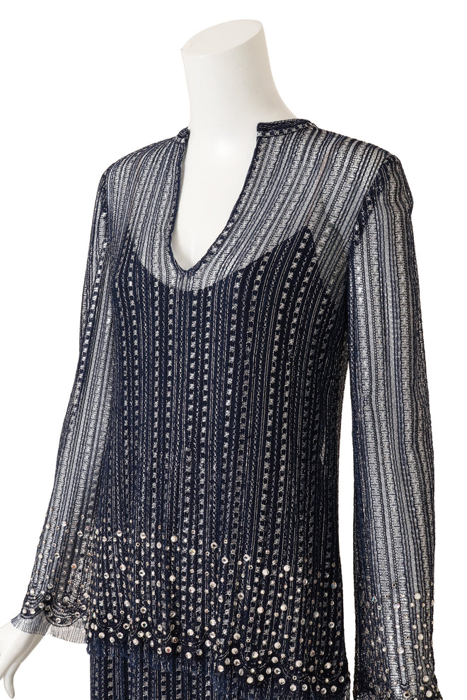 Vintage Mollie Parnis Metallic Beaded Lace Overlay Dress on mannequin close @ Recess LA