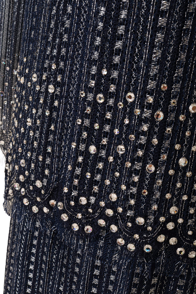 Vintage Mollie Parnis Metallic Beaded Lace Overlay Dress fabric close @ Recess LA