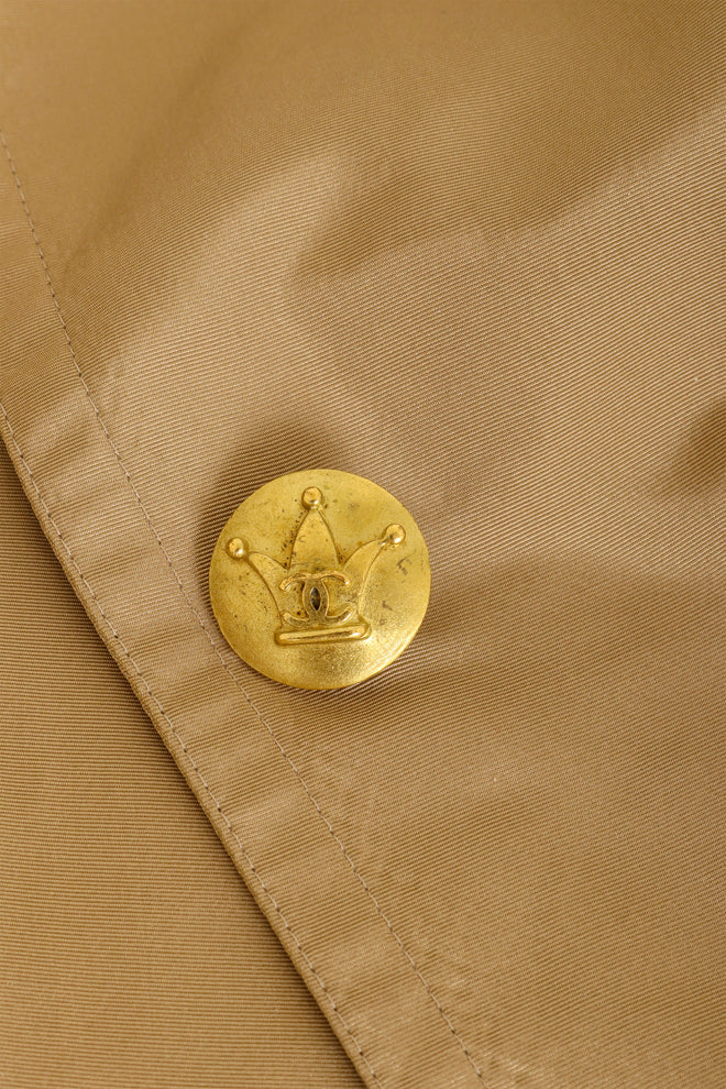 Khaki Silk Swing Coat by Chanel button close @ Recess LA