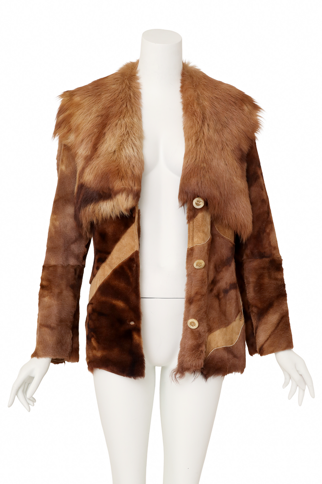 Lamb suede and fur abstract patchwork fur jacket @ Recess LA