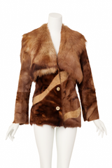 Lamb suede and fur abstract patchwork fur jacket closed @ Recess LA